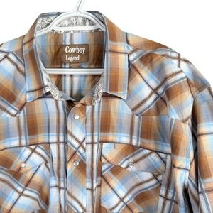 Cowboy Legend Pearl Snap Western Shirt Mens 2XL Brown Blue Plaid Short Sleeve